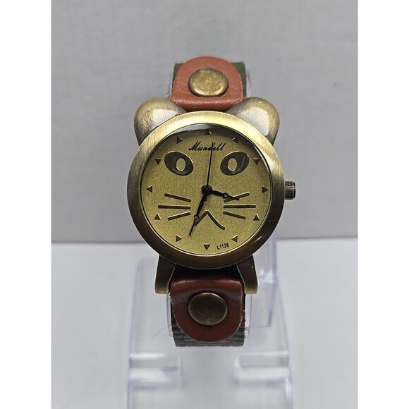 Mundell Cats Face Womens Quartz Watch Green Leather Strap Brass Tone New Battery - Picture 1 of 11